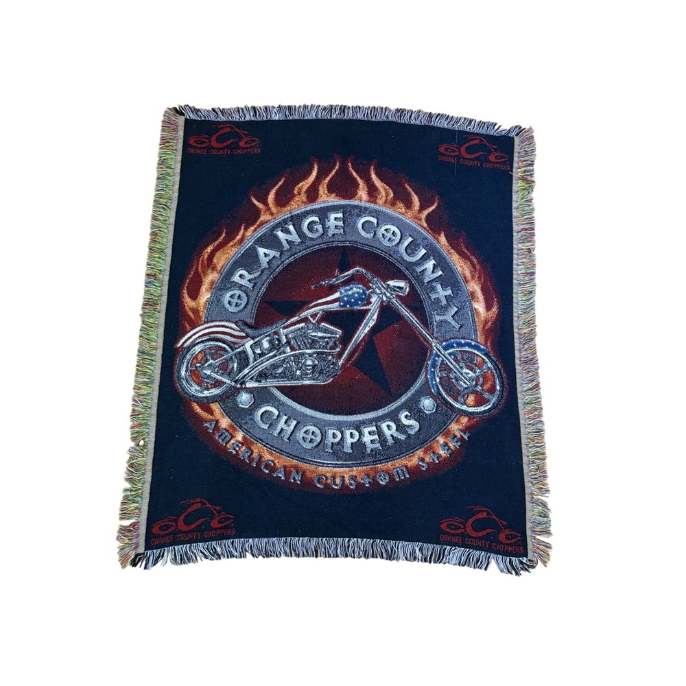 Y2K Orange County Choppers Motorcycle Tapestry Fringe Throw Blanket 53" X 46"